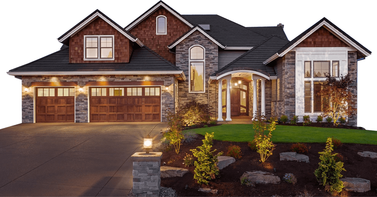 Beautiful luxury home exterior at sunset features three car garage and manicured lawn